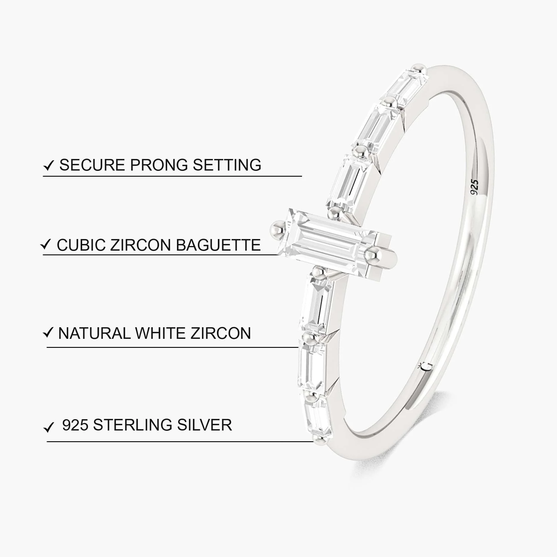 Baguette 7 Zircons in Elegant Prong Setting Ring - Image 6