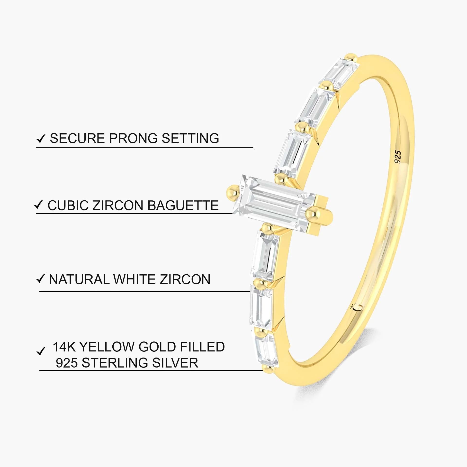 Baguette 7 Zircons in Elegant Prong Setting Ring - Image 7