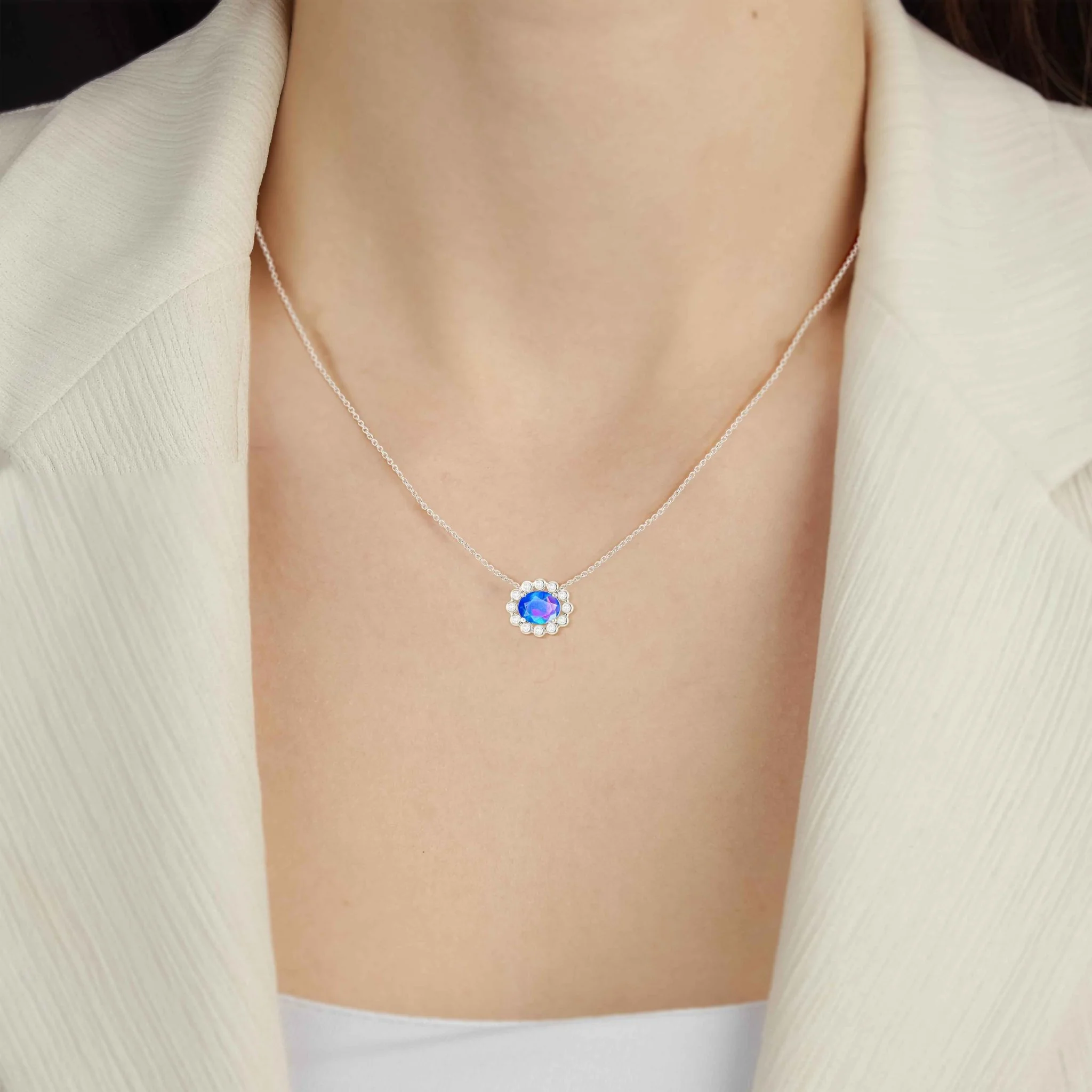 Bezel-Set Zircon Oval Blue Opal Pendant - Image 6