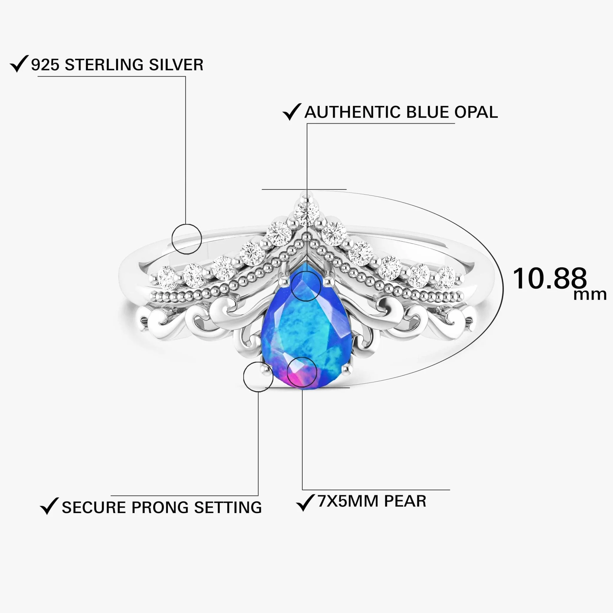 Blue Ethiopian Opal Gemstone Crown Style Ring - Image 4