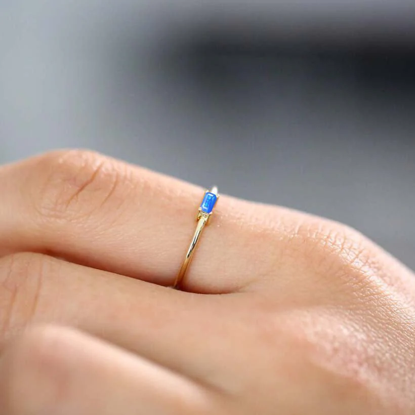 Blue Fire Opal Baguette Gemstone Minimalist Ring - Image 3