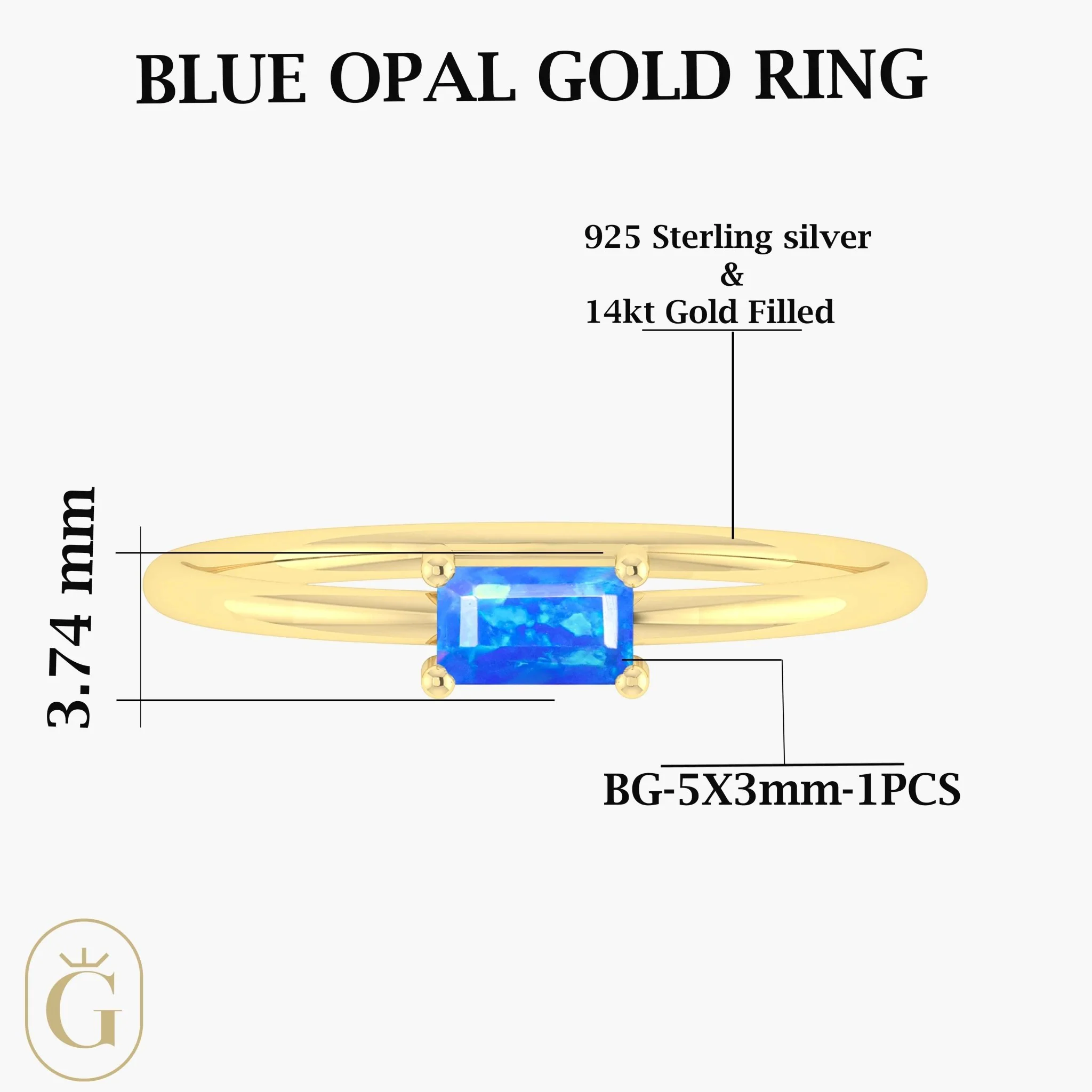 Blue Fire Opal Baguette Gemstone Minimalist Ring - Image 5