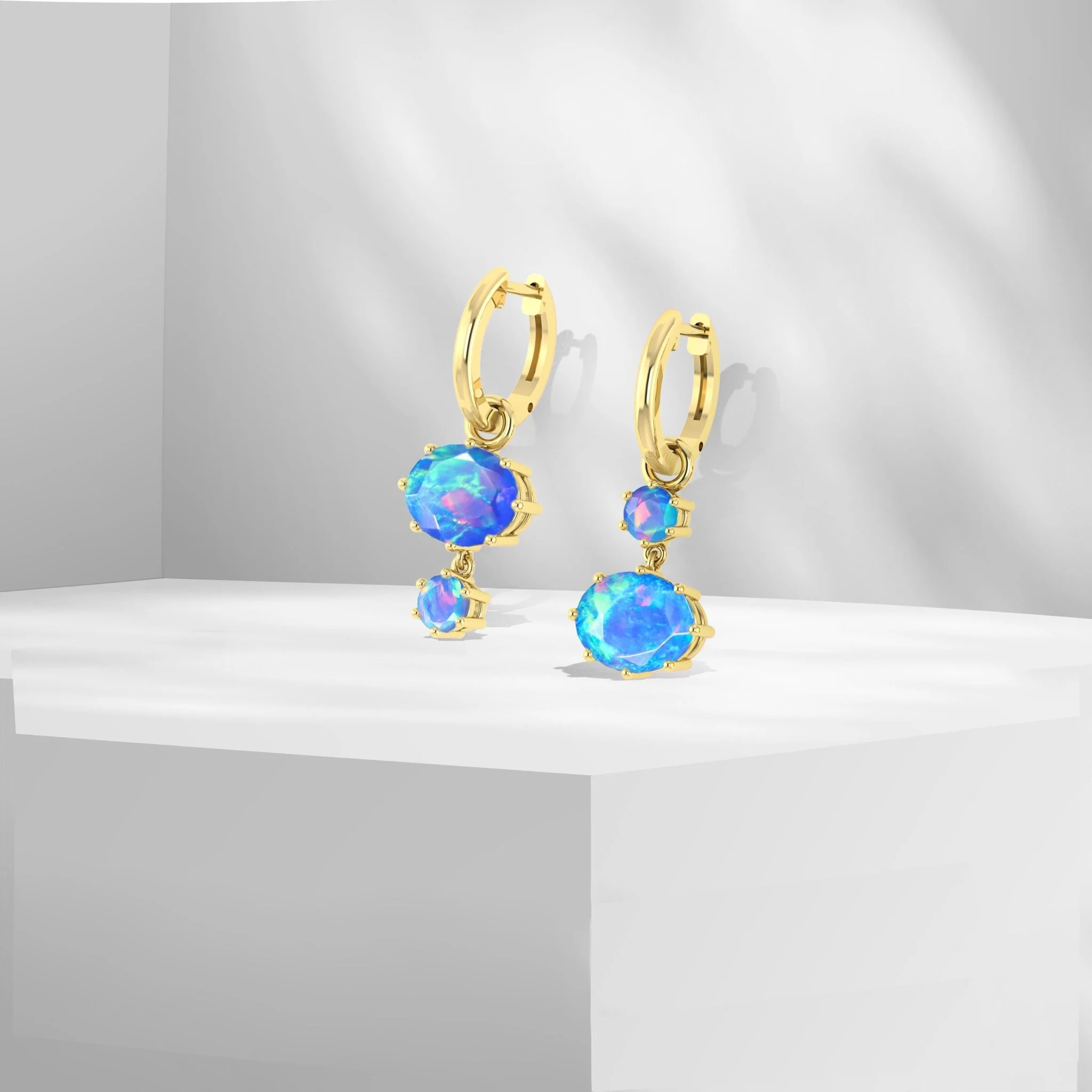 Blue Fire Opal Dual Round Stone Hoop Earrings - Image 8