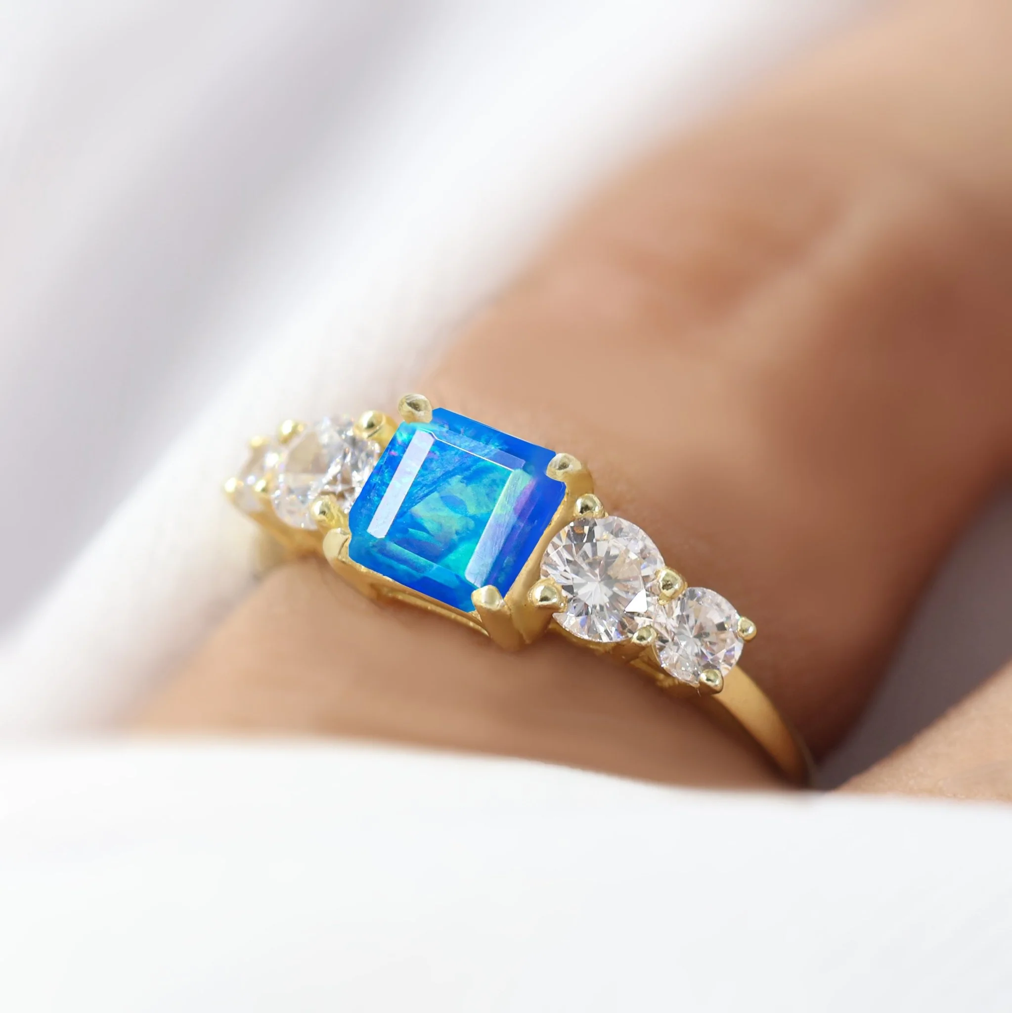 Blue Natural Fire Faceted Octagon Opal Ring - Image 4