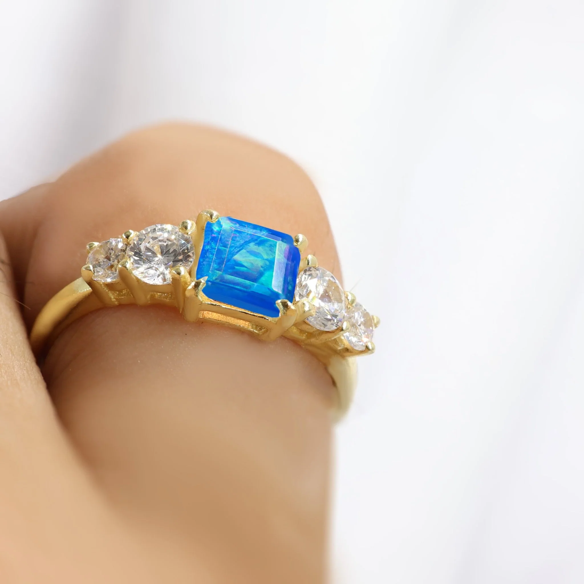 Blue Natural Fire Faceted Octagon Opal Ring - Image 5