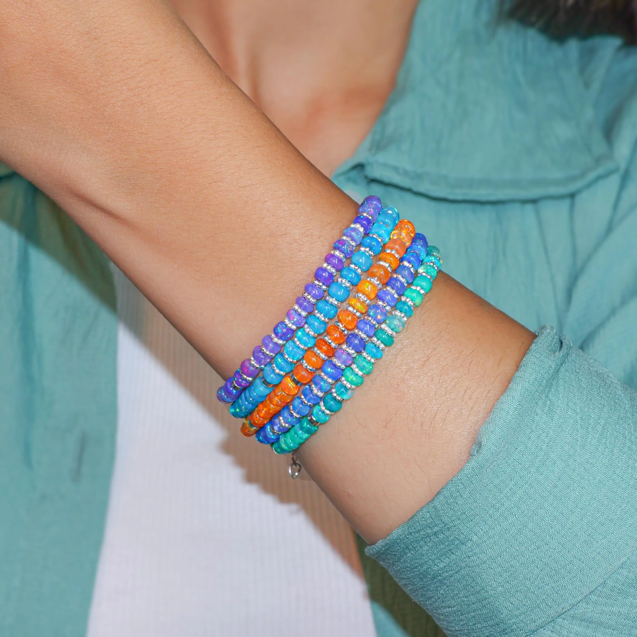 Blue Opal Beaded Bracelet With Circular Silver Chakri Beads - Image 6