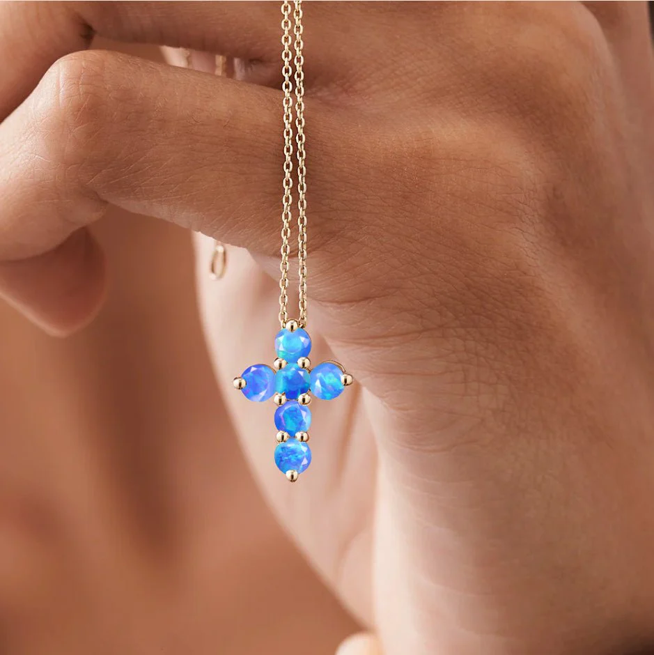 Blue Opal Gemstone Cross Pendant - Image 4