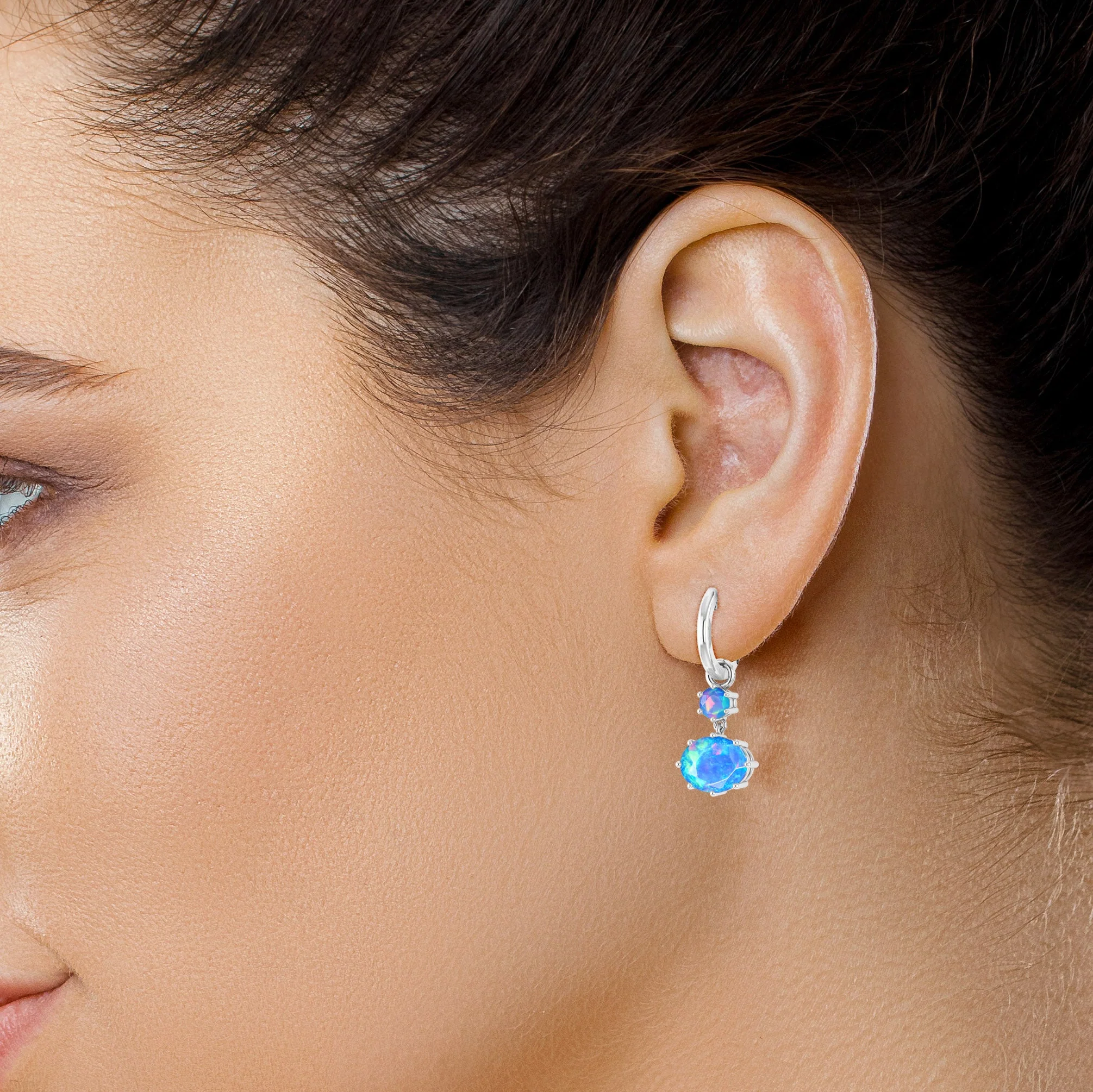 Black Fire Opal Dual Round Stone Hoop Earrings - Image 7