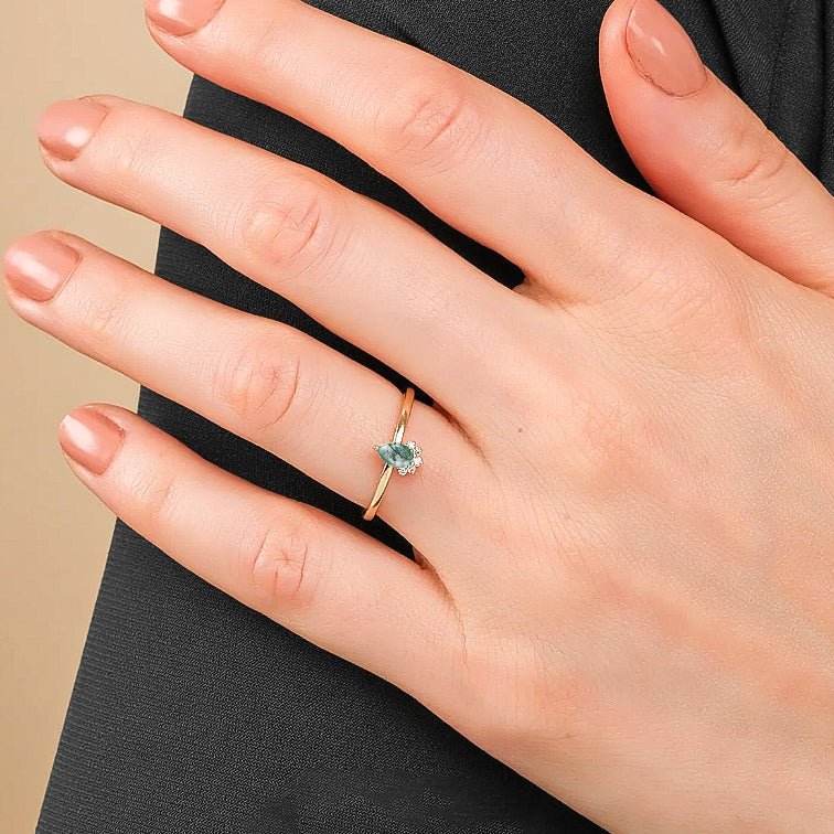 Genuine Moss Agate Pear Gemstone Ring - Image 4