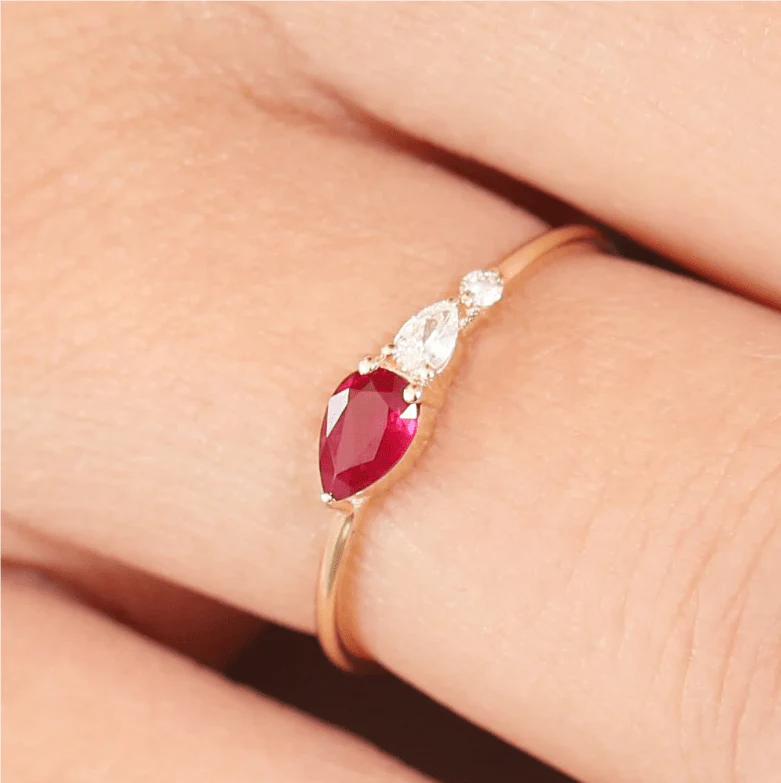 Genuine Ruby Pear Three Stone Ring - Image 4