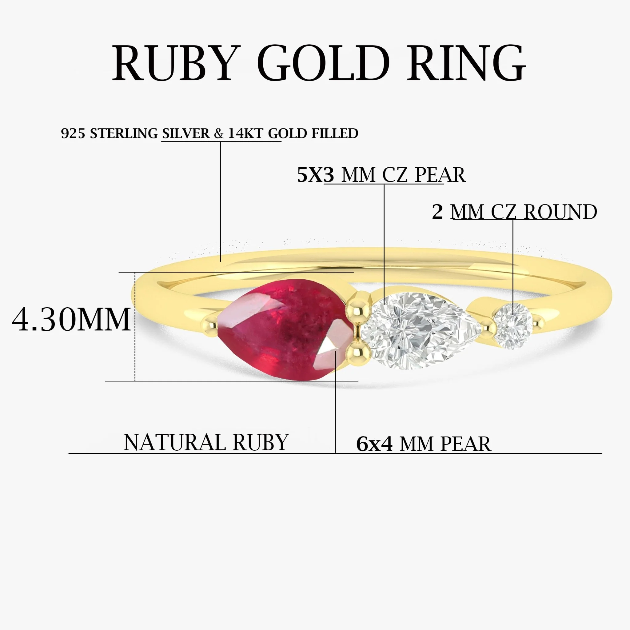 Genuine Ruby Pear Three Stone Ring - Image 7