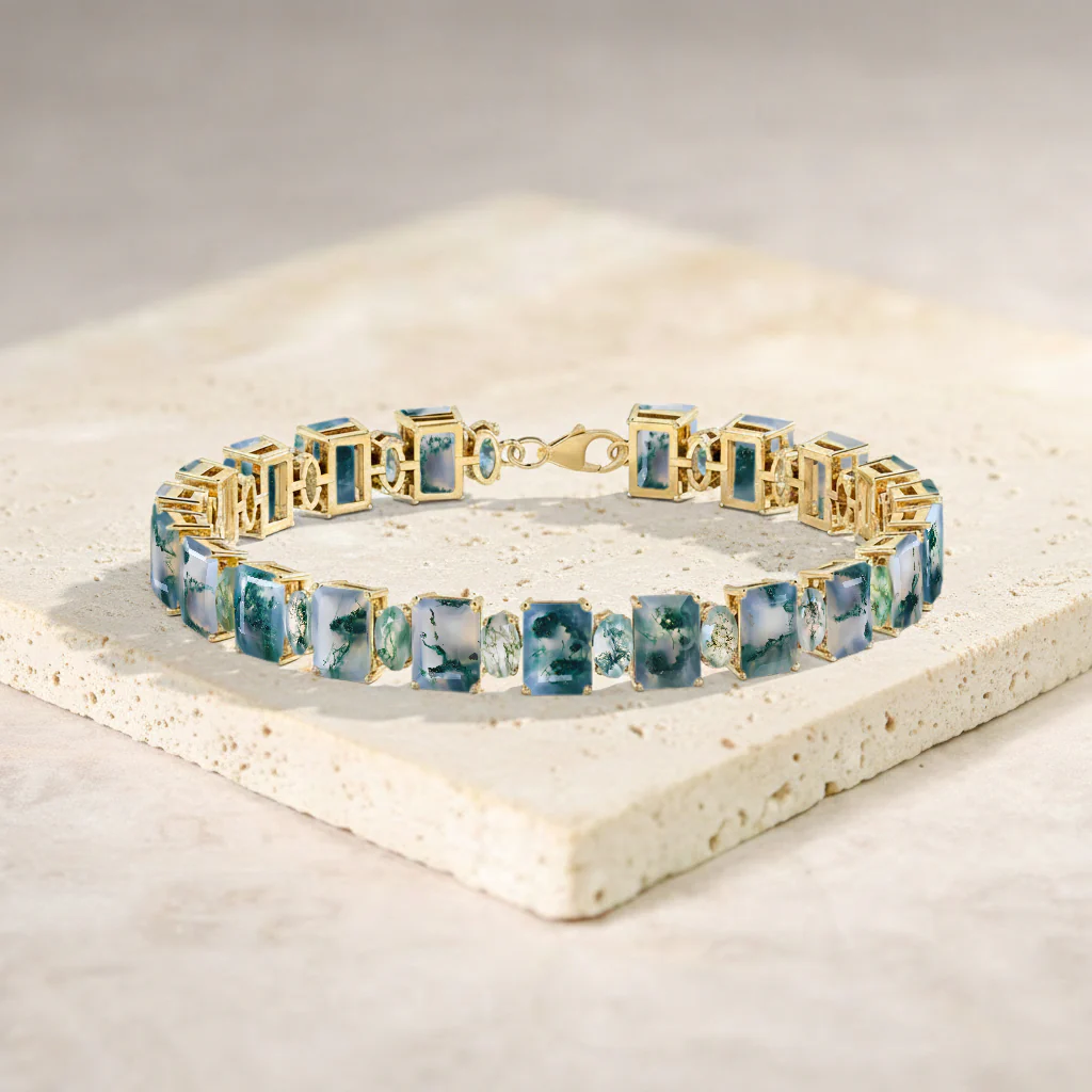 Moss Agate Octagon Tennis Bracelet in 925 Sterling Silver 7x5 MM 34.50ct - Image 8