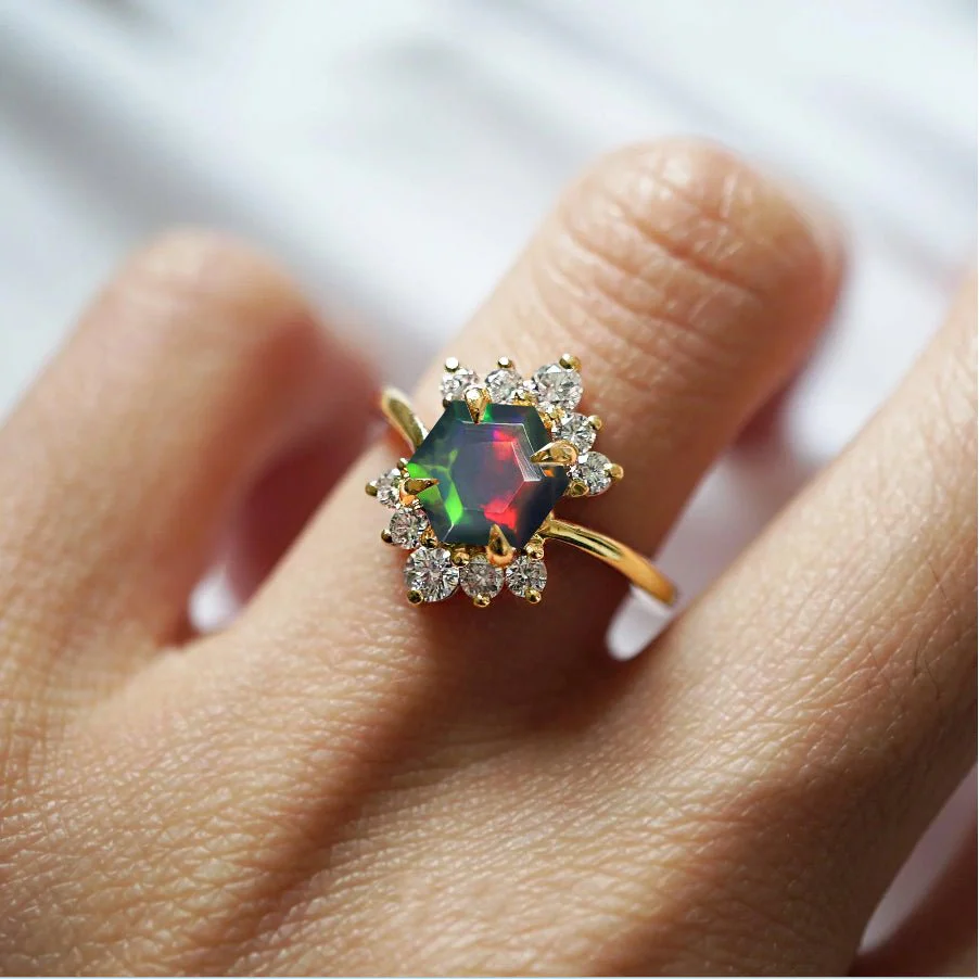 Natural Black Opal Hexagon Gemstone Ring - Image 3