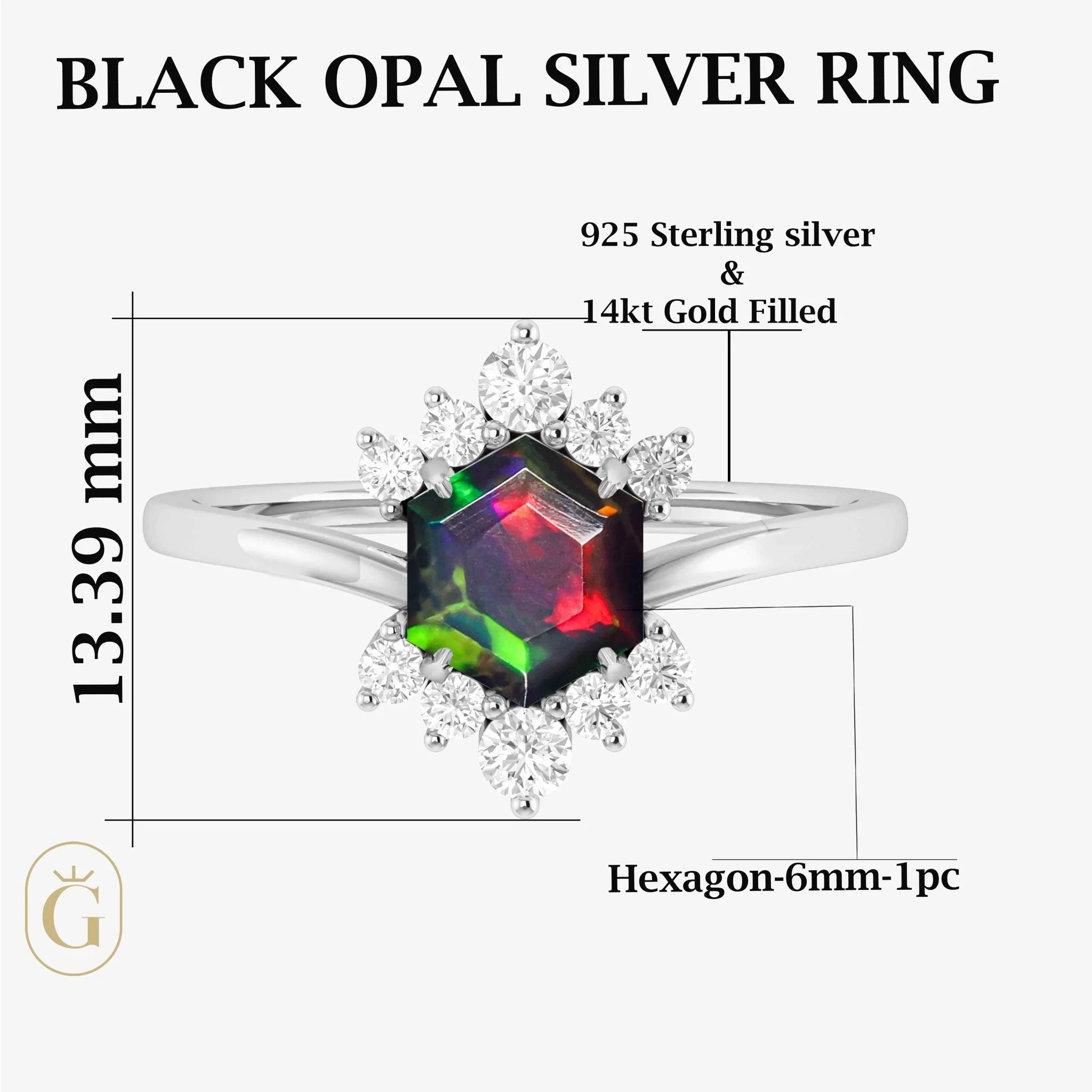 Natural Black Opal Hexagon Gemstone Ring - Image 5