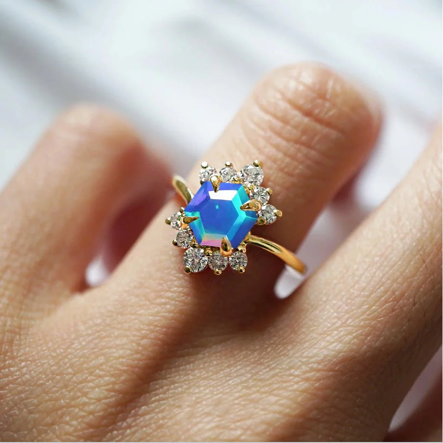 Natural Blue Opal Hexagon Gemstone Ring - Image 3