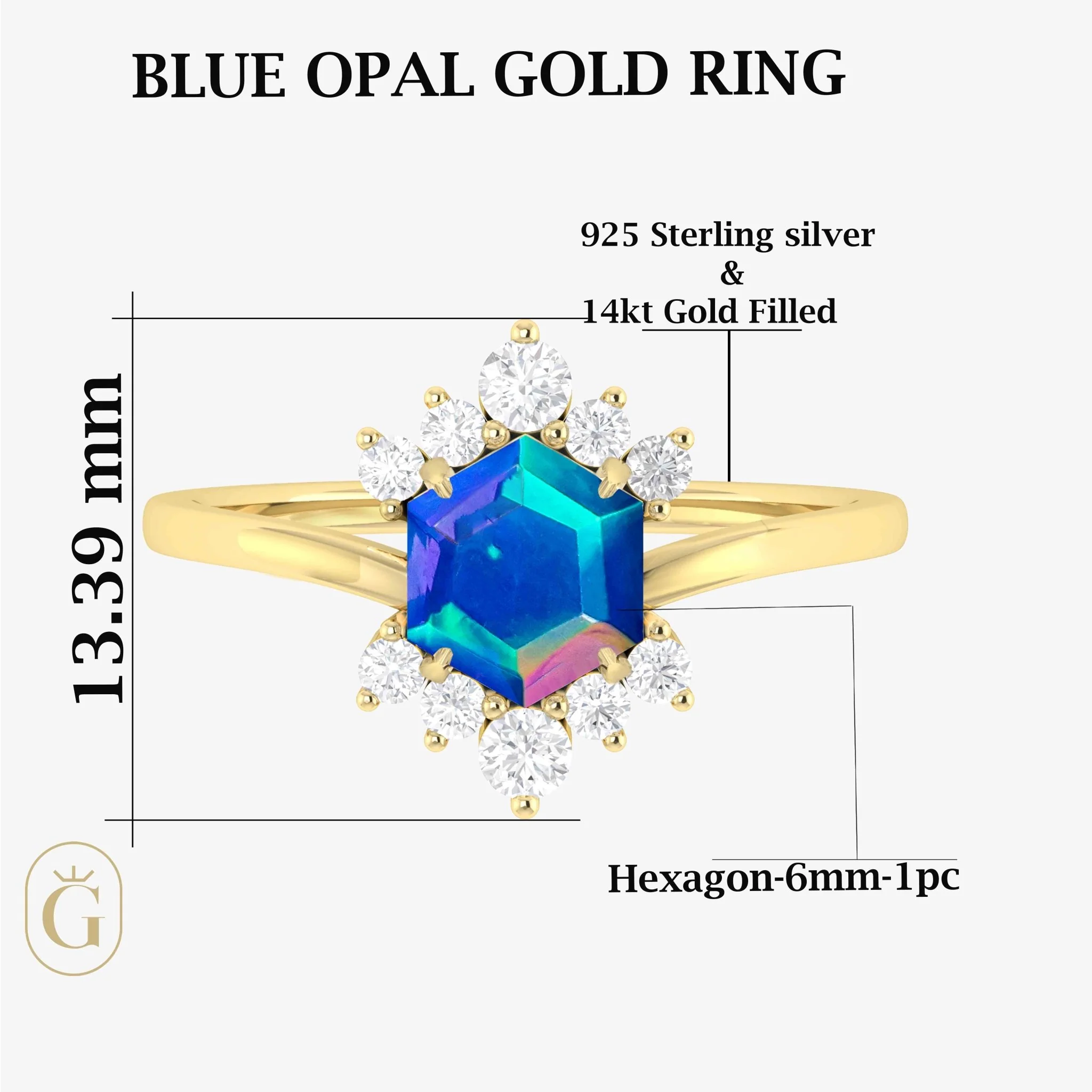 Natural Blue Opal Hexagon Gemstone Ring - Image 5