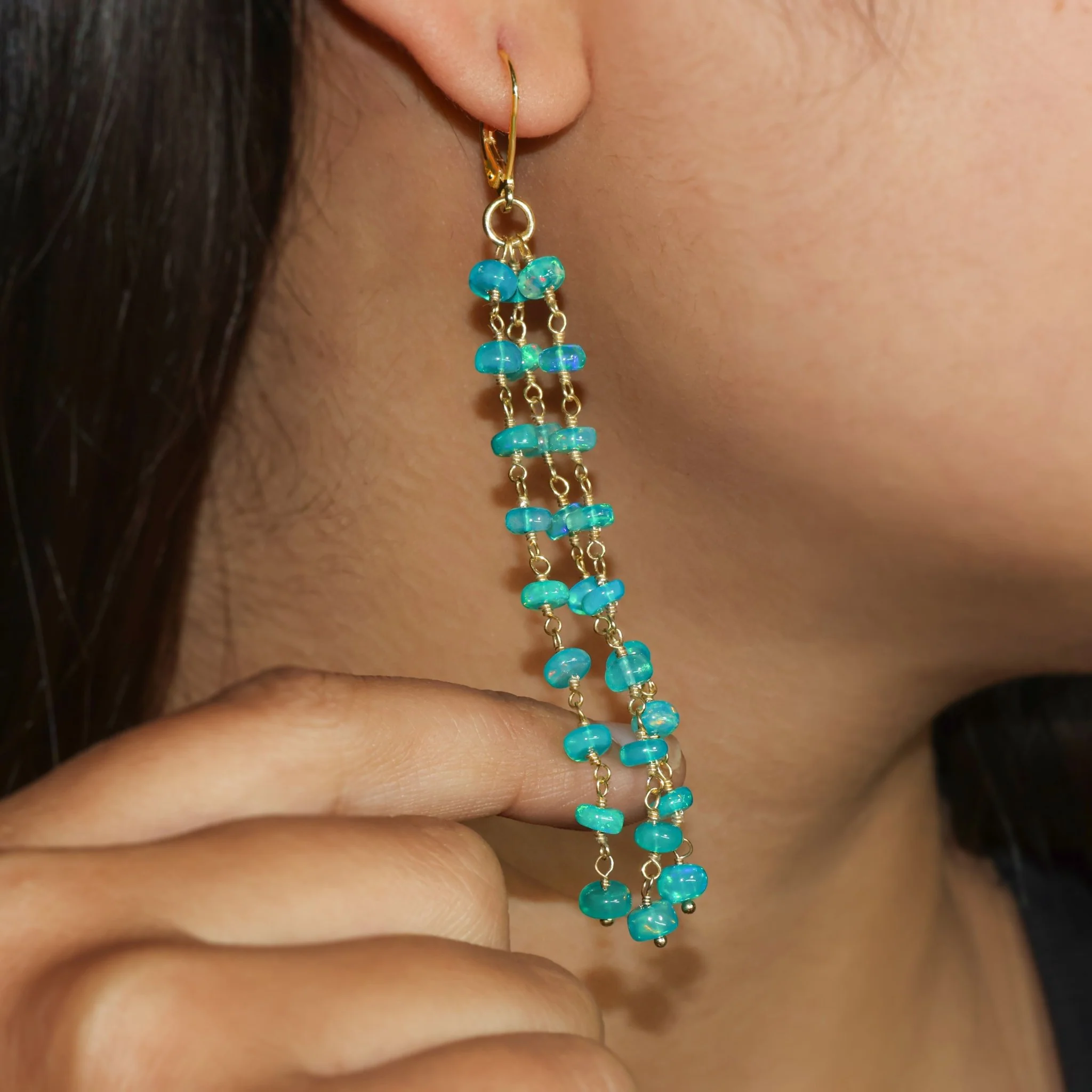 Natural Green Opal 3 Line Dangle Drop Handmade Earrings - Image 3