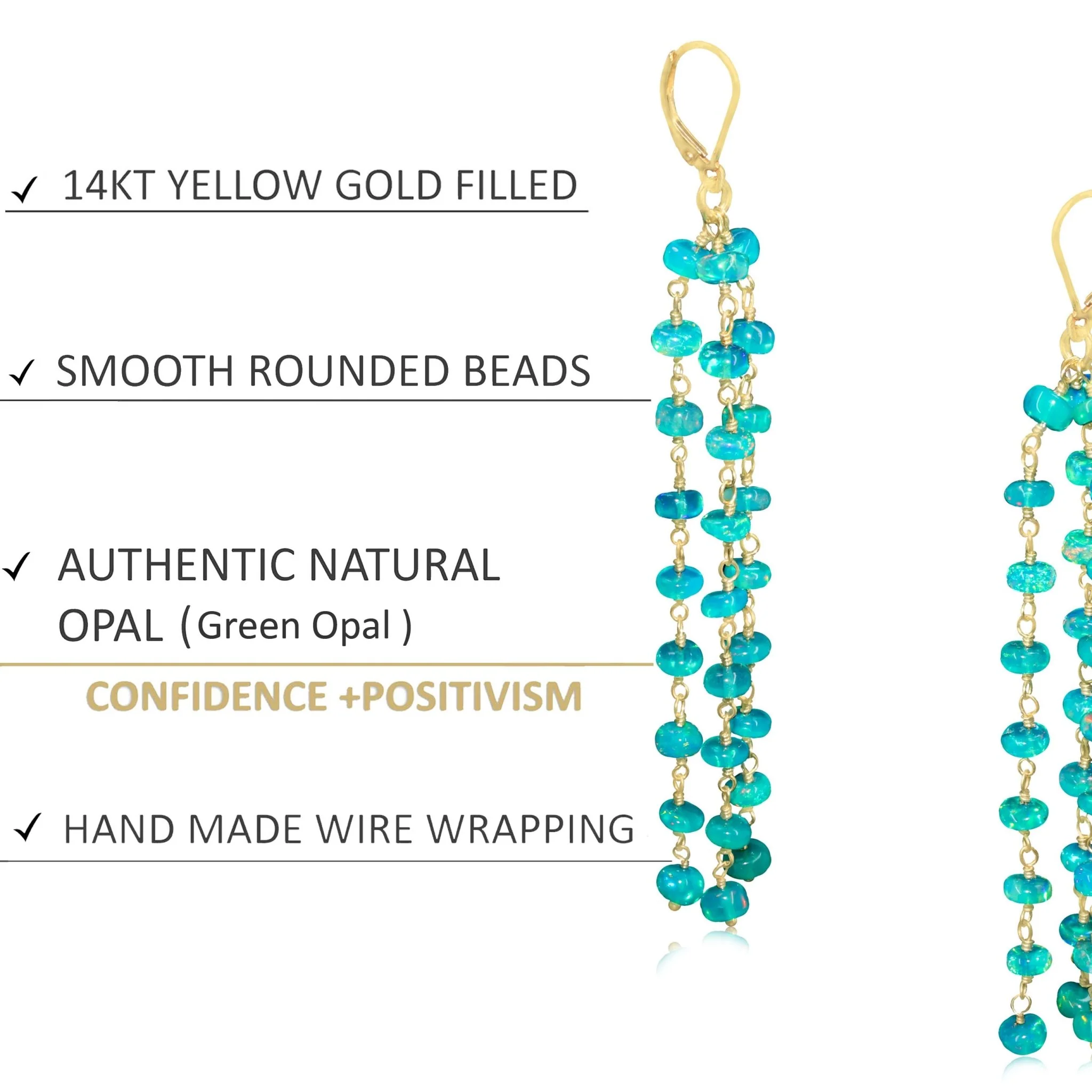 Natural Green Opal 3 Line Dangle Drop Handmade Earrings - Image 4