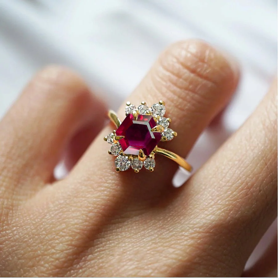 Natural Red Ruby Hexagon Gemstone Ring - Image 3