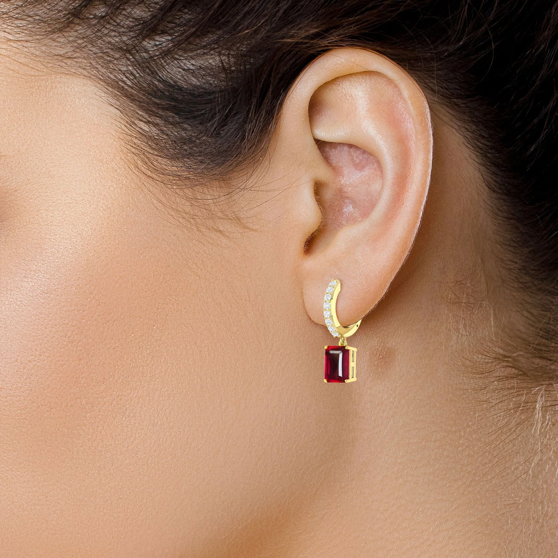 Octagon Red Ruby Drop Hoop Earrings - Image 4