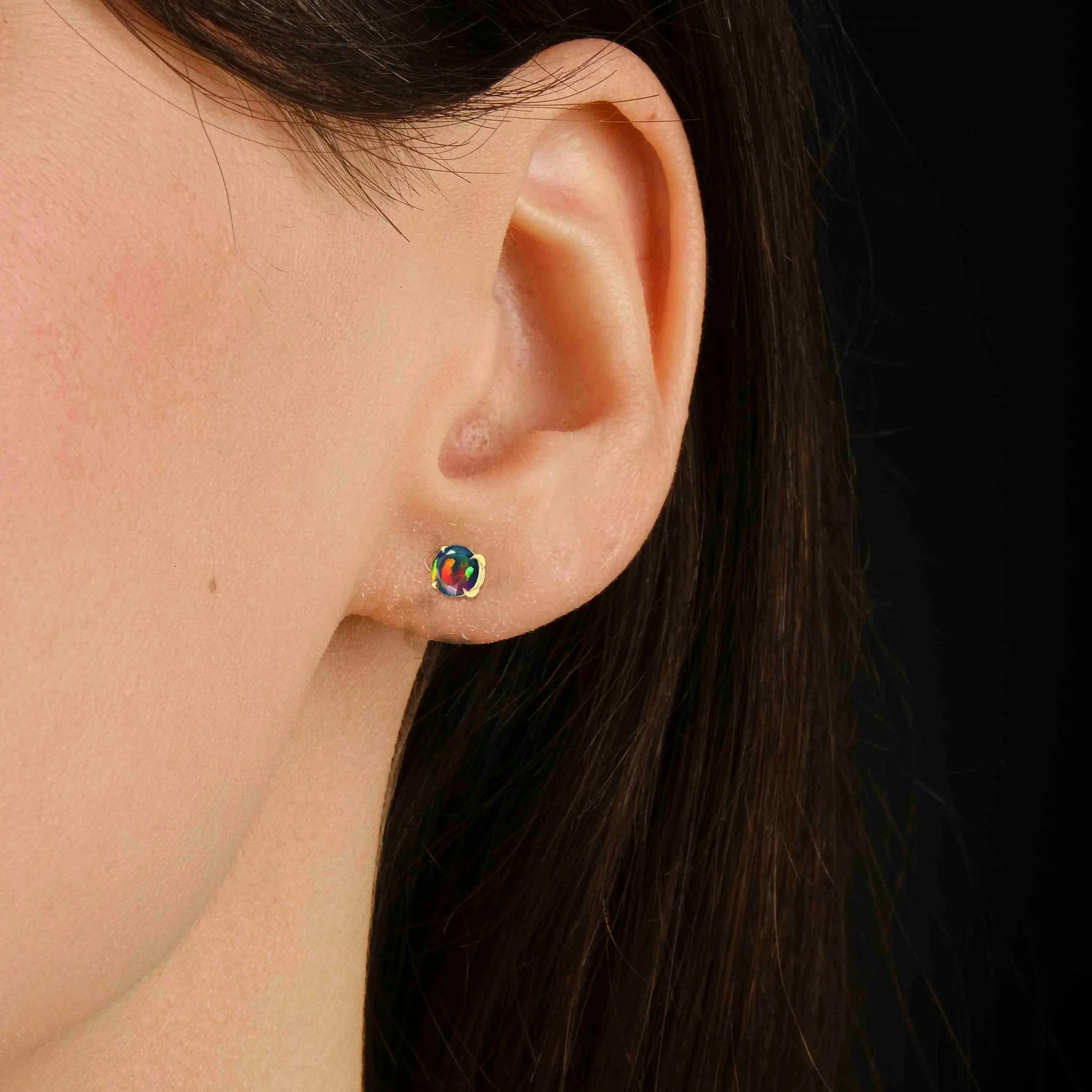 Round Black Opal Gemstone Simple Stud Earring - Image 5