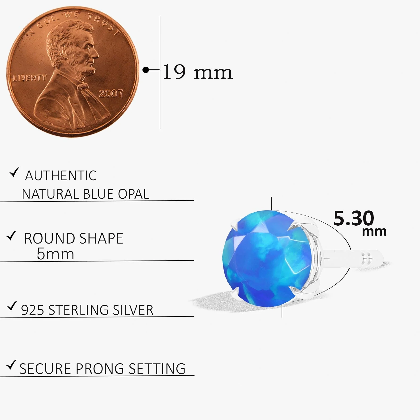 Round Blue Opal Gemstone Simple Stud Earring - Image 4