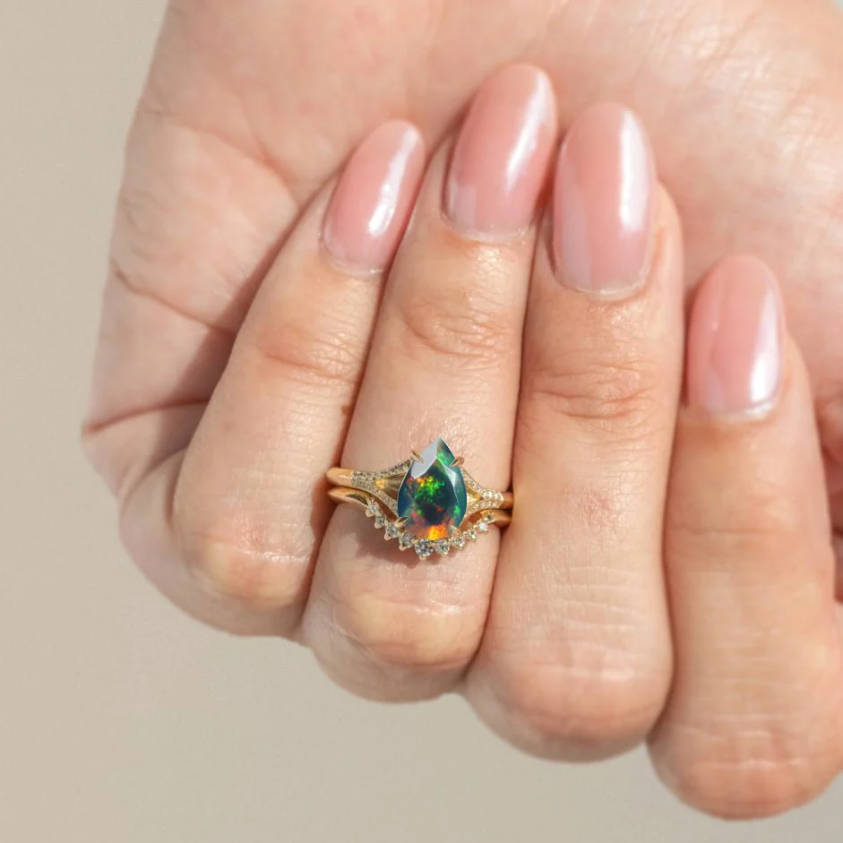 Natural Black fire Pear opal Wedding and Engagement ring - Image 4