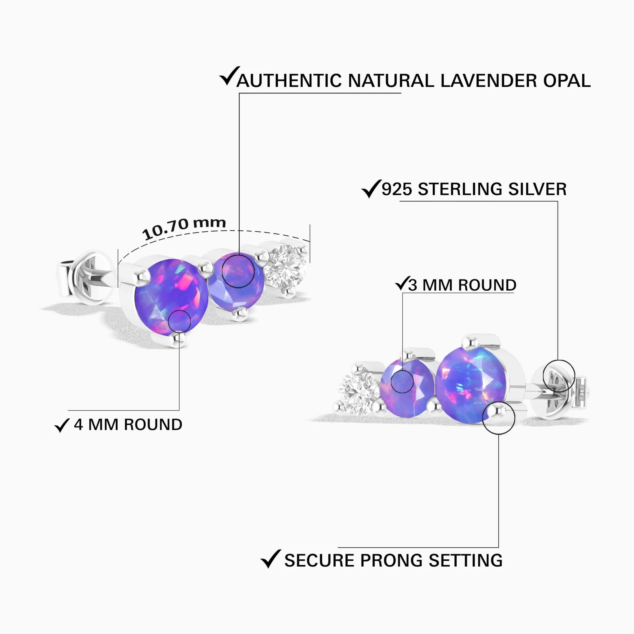Three Round Lavender Opal Stone Stud Earring - Image 3
