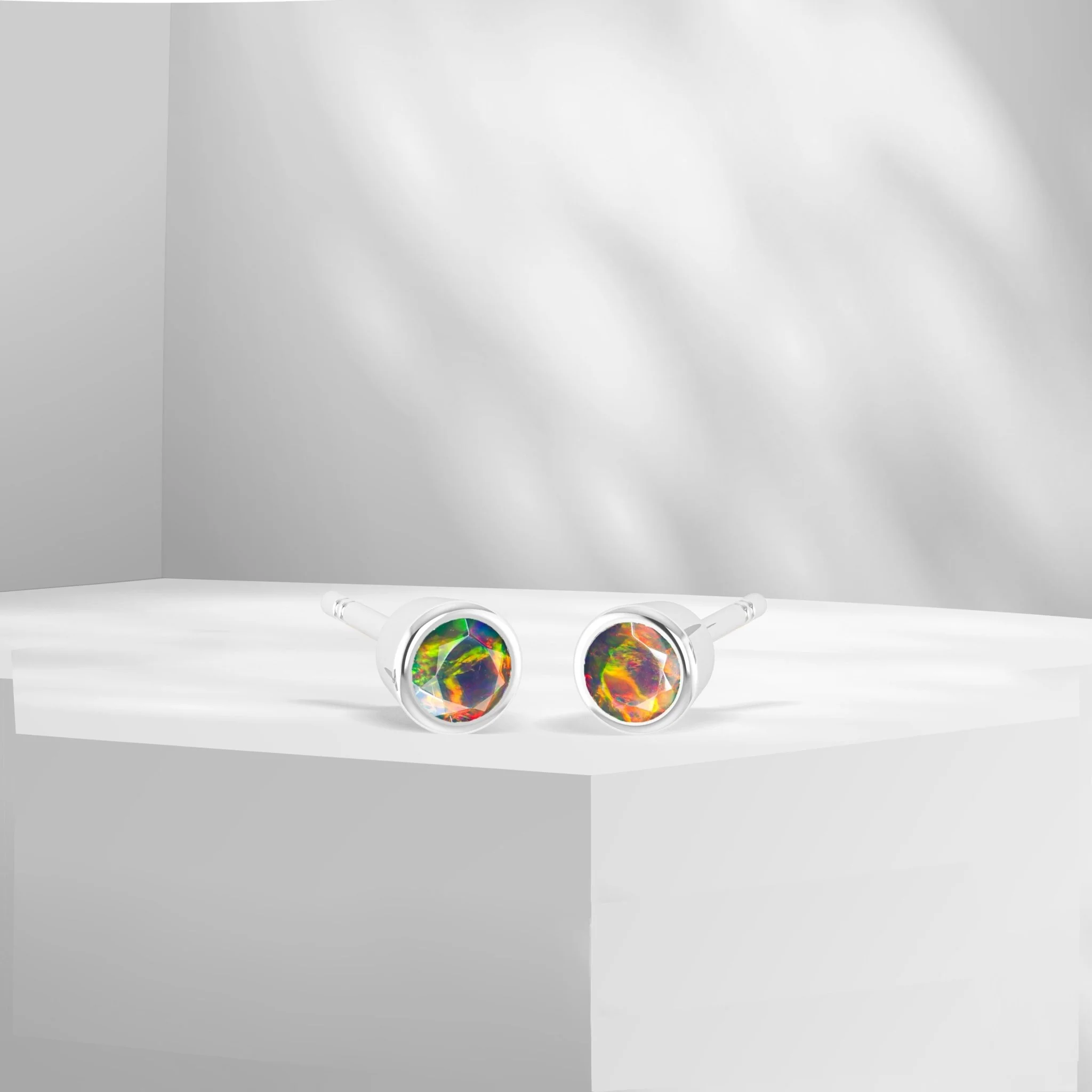 White Fire Round Opal Bezel Stud Earring - Image 4