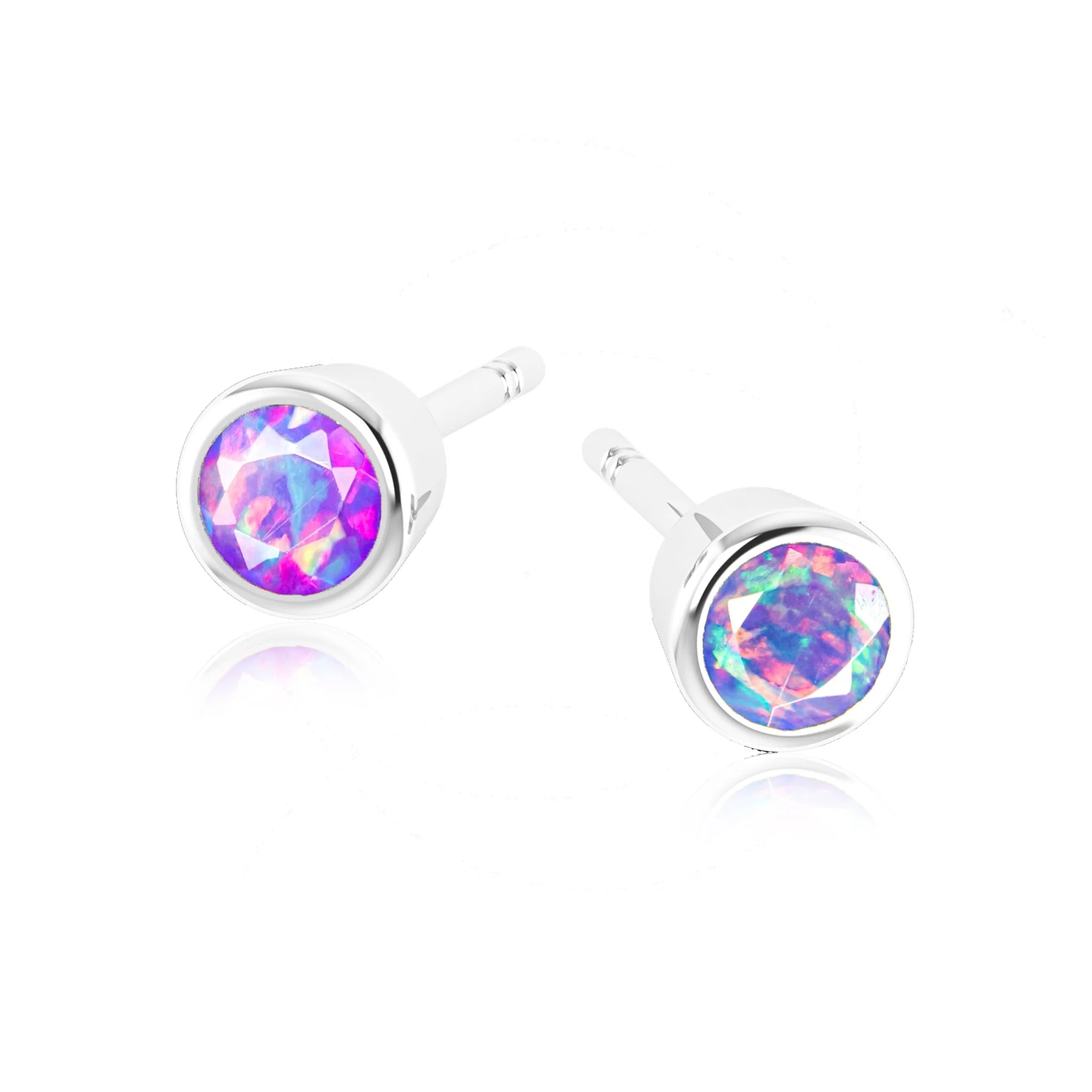 White Fire Round Opal Bezel Stud Earring - Image 6
