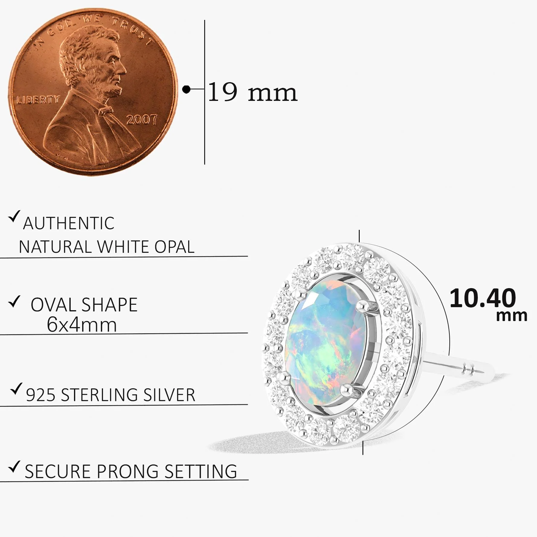 White Opal Gemstone Oval Style Stud Earring - Image 3